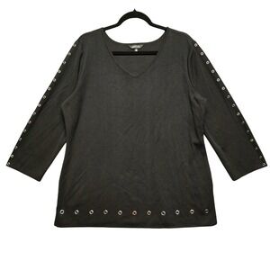 Misook Grommet Trim Knit Tunic Women XL Black V-Neck 3/4 Sleeve Top